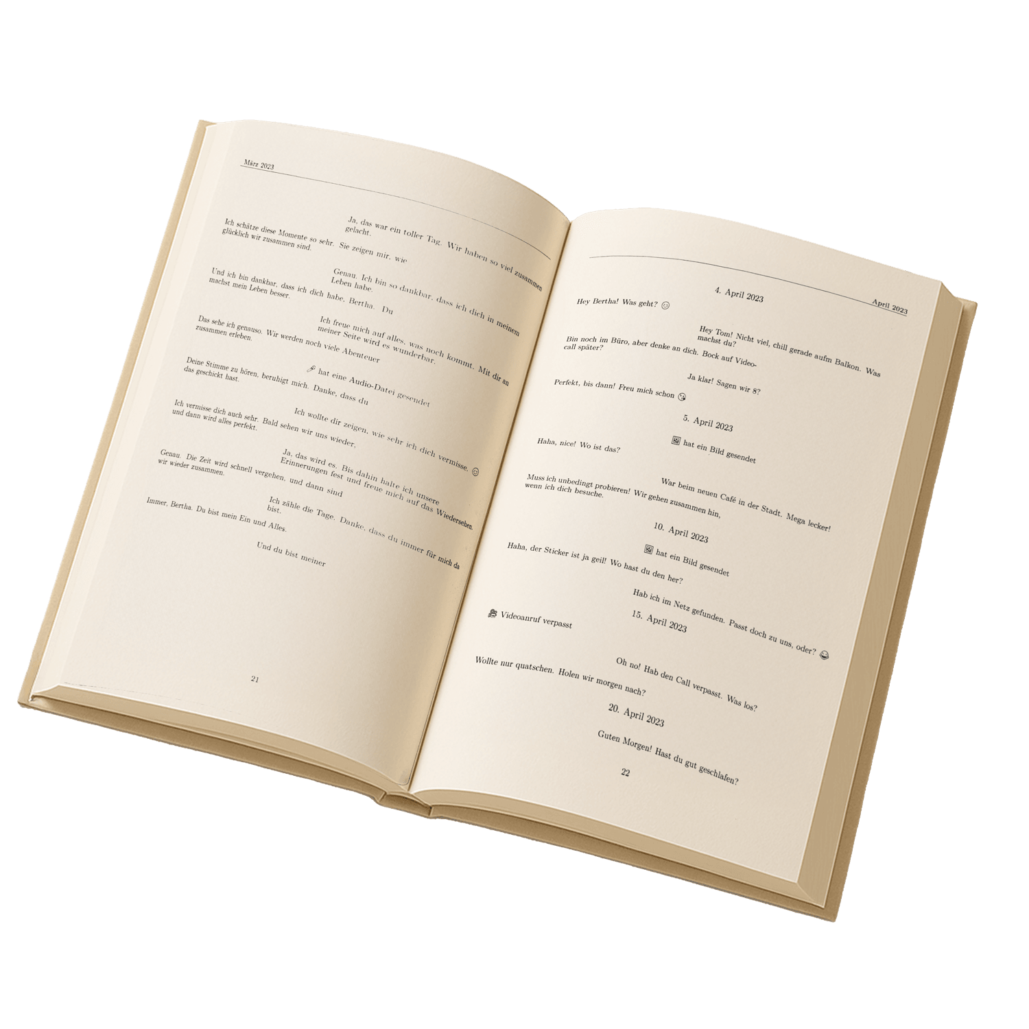Aufgeklapptes Buch mit WhatsApp Nachrichten